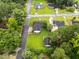 Birds eye view of a home with a well-manicured lawn, detached garage and close neighborly surroundings with mature trees at 1015 S 1St St, Smithfield, NC 27577