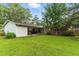 Lush backyard with well-maintained lawn, mature trees, and a cozy patio area for outdoor enjoyment at 1015 S 1St St, Smithfield, NC 27577