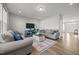 Cozy living room with plush sofas, a decorative rug, a modern TV stand, and neutral wall colors at 14 Shady Oaks Rd, Angier, NC 27501
