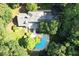 Aerial view showing a stunning backyard, inground pool and lush landscaping surrounding a beautiful residence at 14236 Wyndfield Cir, Raleigh, NC 27615