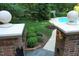 An inviting pool area with lush landscaping and a charming white pergola for relaxing and entertaining at 14236 Wyndfield Cir, Raleigh, NC 27615