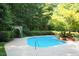 Gunite pool with a concrete deck, decorative greenery and lush mature trees providing privacy at 14236 Wyndfield Cir, Raleigh, NC 27615