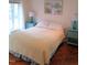 Comfortable bedroom with a queen-sized bed, turquoise accents, and hardwood floors at 18 Frances St, Chapel Hill, NC 27517