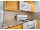 Close up on the kitchen gas range, over-the-range microwave, and granite countertops at 18 Frances St, Chapel Hill, NC 27517