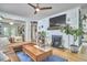Cozy living room features a fireplace, large leather couch, and hardwood floors at 216 Northwood Cir, Durham, NC 27701