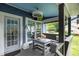Inviting screened porch with comfortable seating, ceiling fan and tv, perfect for relaxing outdoors at 2214 Pathway Dr, Chapel Hill, NC 27516