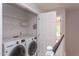 The laundry room offers a side-by-side washer and dryer, and convenient shelf storage at 2222 Pathway Dr, Chapel Hill, NC 27516