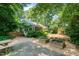 Spacious backyard featuring a screened porch, play set, stone patio, and raised garden beds at 2504 W Club Blvd, Durham, NC 27705
