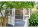 Cozy screened porch with string lights, accessible by a wooden staircase and adjacent to a bay window at 2504 W Club Blvd, Durham, NC 27705