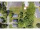 This aerial view showcases the property's location with mature trees and proximity to other houses and streets at 408 N Fourth/ 4Th St, Mebane, NC 27302