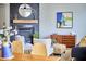 Open-concept living room with fireplace, credenza, blue couch and modern decor at 418 Magna Dr, Durham, NC 27703