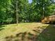 Expansive backyard view with a shed, wooden deck, and mature trees at 4428 W West River Rd, Franklinton, NC 27525