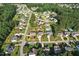 Aerial view of a residential neighborhood featuring well-maintained homes, lush greenery, and private swimming pools at 456 Majestic Oak Dr, Garner, NC 27529