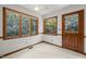 Kitchen area with windows overlooking green scenery and a door leading outside at 601 Wofford Rd, Durham, NC 27707