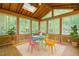 Bright sunroom featuring a wood paneled ceiling, skylight, and multiple windows providing peaceful backyard views at 601 Wofford Rd, Durham, NC 27707