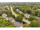 Overhead view of a neighborhood featuring many houses surrounded by lush greenery and mature trees at 602 Preston Village Way, Cary, NC 27519