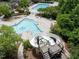 Aerial shot of community pool and slide with green trees surrounding the space at 633 Rolling Springs Dr, Cary, NC 27519