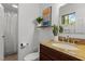 Stylish bathroom with a granite vanity, undermount sink, and tiled floors at 908 Cedar Fork Trl, Chapel Hill, NC 27514