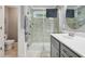 Updated bathroom featuring a glass enclosed shower and stylish vanity at 1419 Endgame Ct, Wake Forest, NC 27587