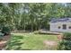 Lush backyard with a wooden deck and surrounding mature trees at 18 Clearwater Dr, Durham, NC 27707