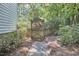 Charming backyard gate and pathway, surrounded by mature trees and landscaping at 18 Clearwater Dr, Durham, NC 27707