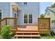 Cozy outdoor wooden deck with railing and steps and blue siding at 1818 Misty Hollow Ln, Apex, NC 27502