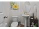 Cozy powder room with pedestal sink, artwork, and neutral decor at 1891 Frost Dr, Haw River, NC 27258