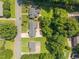 Aerial view of the property showcasing the house, driveway, large back deck, and surrounding greenery at 1926 Downing Dr, Burlington, NC 27215
