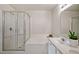 Bathroom with walk-in shower with glass enclosure and separate tub near vanity at 2000 Silky Dogwood Trail Trl, Apex, NC 27502