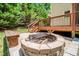 A stone fire pit is featured in a backyard, complemented by lush greenery and an outdoor bench seat at 212 Heidinger Dr, Cary, NC 27511