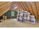 Unfinished attic space shows insulation, a window, and would be great for extra storage at 224 Fleming Dr, Durham, NC 27712