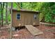 Wooden shed features a ramp, windows, and is surrounded by mature trees at 224 Fleming Dr, Durham, NC 27712