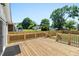 Spacious wood deck overlooking a well-manicured backyard surrounded by mature trees at 2803 Atlantic St, Durham, NC 27707