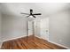 Bedroom with hardwood floors, two closets, ceiling fan and natural light at 2803 Atlantic St, Durham, NC 27707