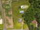 Aerial view featuring farmland, a pond, and houses surrounded by trees in a rural setting at 419 Mabry Rd, Angier, NC 27501