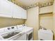 Laundry room with white cabinets, wallpaper border, sink, washer and dryer at 6201 King Croydon Ct Ct, Raleigh, NC 27603