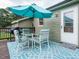 Cozy back deck with outdoor seating, blue rug, and vibrant blue umbrella at 635 Raymond Dr, Wendell, NC 27591
