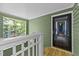 Apartment entrance showcasing a black framed door, green walls and an inviting view through a window at 1010 Nicholwood Dr # 301, Raleigh, NC 27605