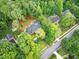 An aerial view of a cozy home featuring a pool, lush landscaping, and mature trees at 105 Bathgate Ln, Cary, NC 27513