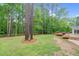 Private backyard with a wooden deck and lush greenery offers a peaceful retreat at 105 Bathgate Ln, Cary, NC 27513
