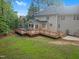 Large backyard with wooden deck, perfect for entertaining, and a well-manicured lawn for outdoor activities at 105 Bathgate Ln, Cary, NC 27513