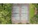 Aerial view of two outdoor tennis courts surrounded by lush greenery on a well-maintained property at 10721 Marabou Ct, Raleigh, NC 27614