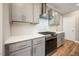 New kitchen featuring grey cabinetry, white countertops, stainless hood and appliances and white backsplash at 190 Whistlers Cv, Louisburg, NC 27549