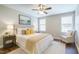 Cozy bedroom features neutral paint, ceiling fan and two large windows at 2430 Josephine Rd, Garner, NC 27529