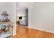 Bright hallway view with hardwood floors leading to living room and kitchen at 255 Morris Rd, Pittsboro, NC 27312