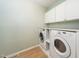 Well-lit laundry room with white cabinets, modern washer, and dryer at 316 Academia Ct, Durham, NC 27713