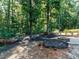 Wooded backyard featuring a stone fire pit and natural landscaping at 354 Crimson Way, Pittsboro, NC 27312