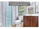 Bathroom featuring a toilet, cabinet sink, shower, and artwork at 3650 Pleasants Ridge Dr, Wake Forest, NC 27587