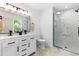 Modern bathroom with white double vanity, sleek fixtures, glass shower, and elegant tile at 4349 Pickwick Dr, Raleigh, NC 27613