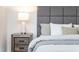 This bedroom has a luxurious gray padded headboard, bedside table, and lamp at 4349 Pickwick Dr, Raleigh, NC 27613